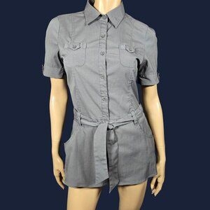 Y2K Belted Button Up Shirt Blouse Size M Grey Fitted Short Sleeve Utility Grunge